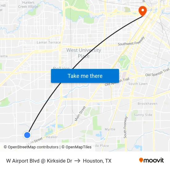 W Airport Blvd @ Kirkside Dr to Houston, TX map
