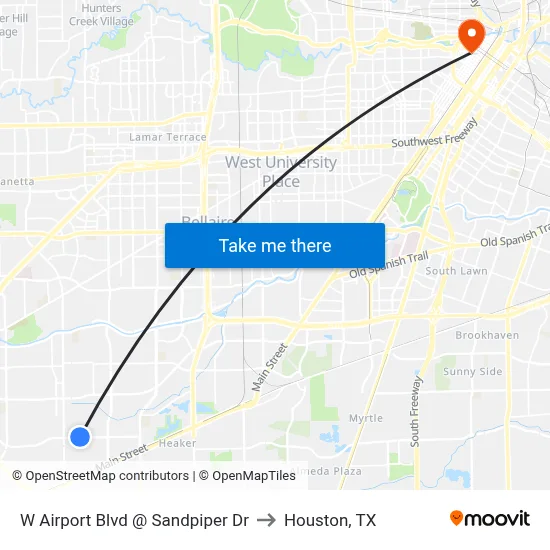 W Airport Blvd @ Sandpiper Dr to Houston, TX map