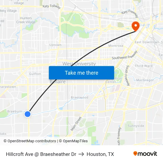 Hillcroft Ave @ Braesheather Dr to Houston, TX map