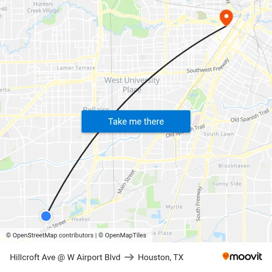 Hillcroft Ave @ W Airport Blvd to Houston, TX map