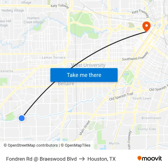 Fondren Rd @ Braeswood Blvd to Houston, TX map