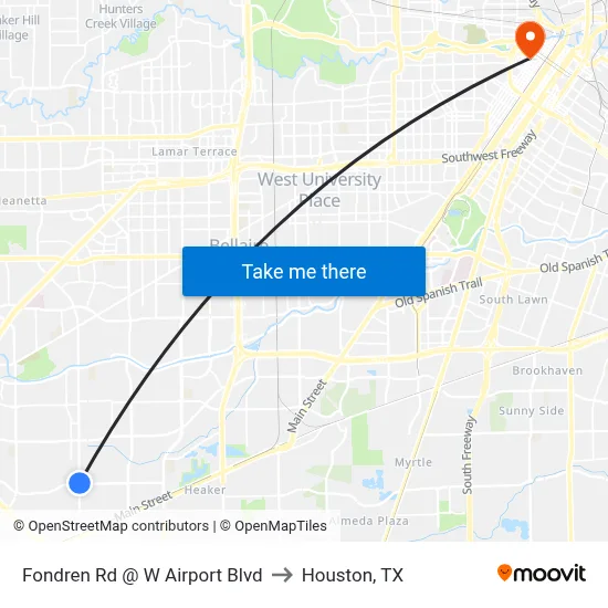 Fondren Rd @ W Airport Blvd to Houston, TX map