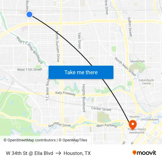 W 34th St @ Ella Blvd to Houston, TX map