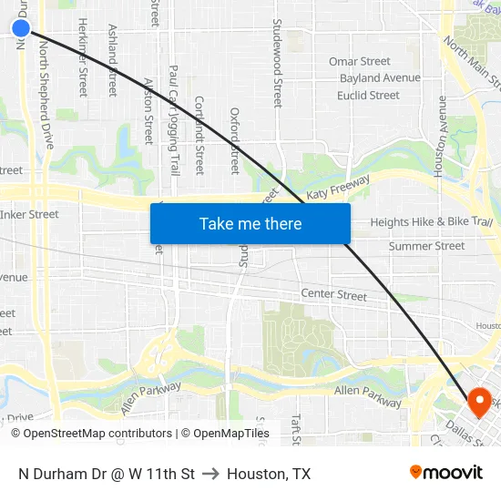 N Durham Dr @ W 11th St to Houston, TX map