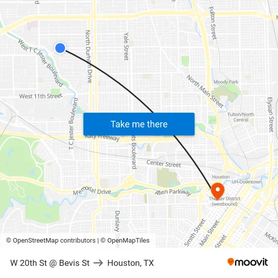W 20th St @ Bevis St to Houston, TX map