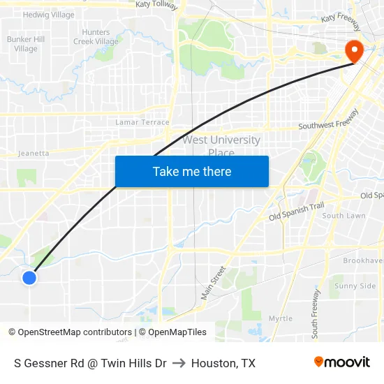 S Gessner Rd @ Twin Hills Dr to Houston, TX map
