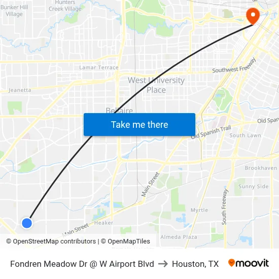 Fondren Meadow Dr @ W Airport Blvd to Houston, TX map