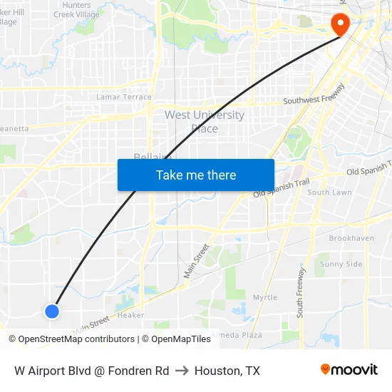 W Airport Blvd @ Fondren Rd to Houston, TX map