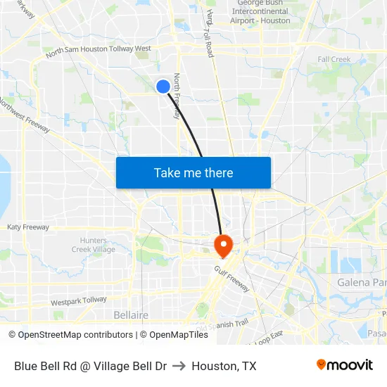 Blue Bell Rd @ Village Bell Dr to Houston, TX map