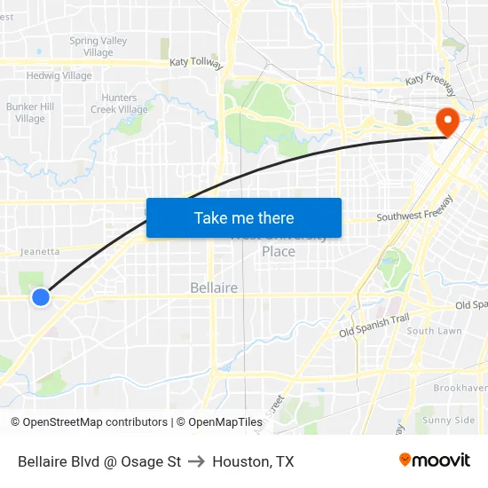 Bellaire Blvd @ Osage St to Houston, TX map