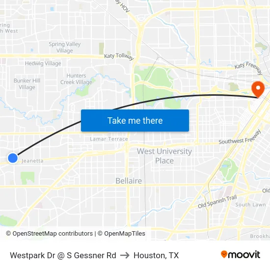 Westpark Dr @ S Gessner Rd to Houston, TX map