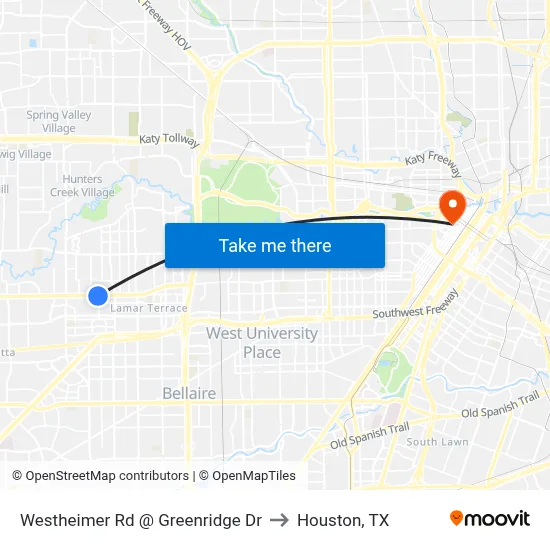 Westheimer Rd @ Greenridge Dr to Houston, TX map