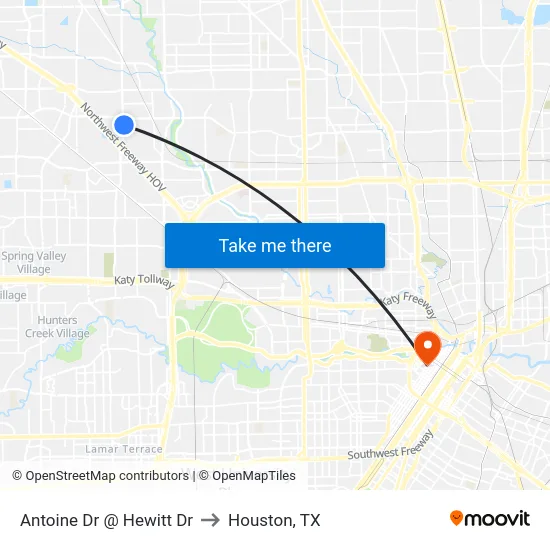 Antoine Dr @ Hewitt Dr to Houston, TX map