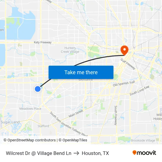 Wilcrest Dr @ Village Bend Ln to Houston, TX map