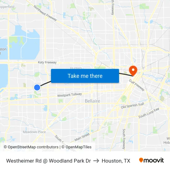 Westheimer Rd @ Woodland Park Dr to Houston, TX map