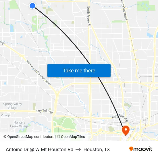 Antoine Dr @ W Mt Houston Rd to Houston, TX map