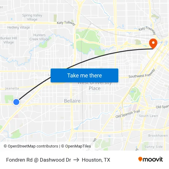 Fondren Rd @ Dashwood Dr to Houston, TX map