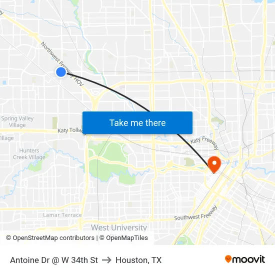 Antoine Dr @ W 34th St to Houston, TX map