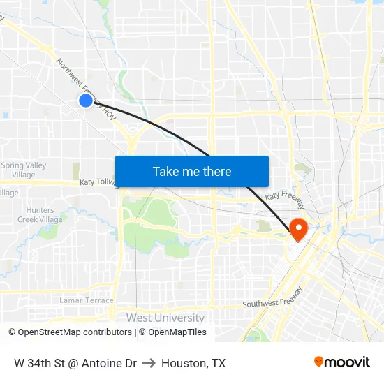 W 34th St @ Antoine Dr to Houston, TX map