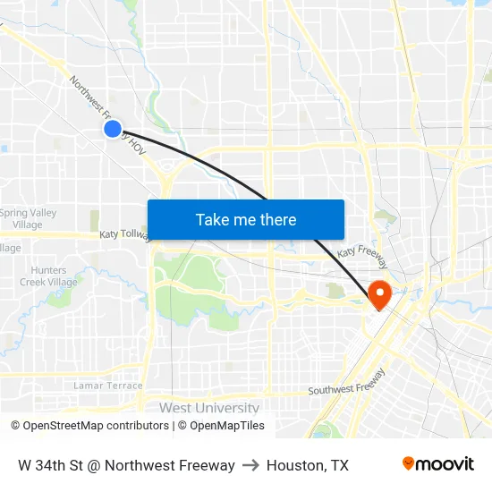 W 34th St @ Northwest Freeway to Houston, TX map