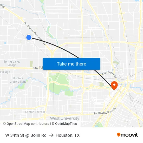 W 34th St @ Bolin Rd to Houston, TX map