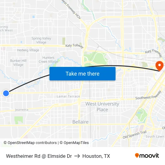 Westheimer Rd @ Elmside Dr to Houston, TX map