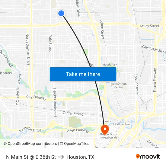 N Main St @ E 36th St to Houston, TX map