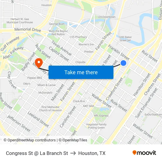 Congress St @ La Branch St to Houston, TX map