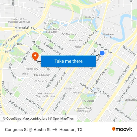 Congress St @ Austin St to Houston, TX map