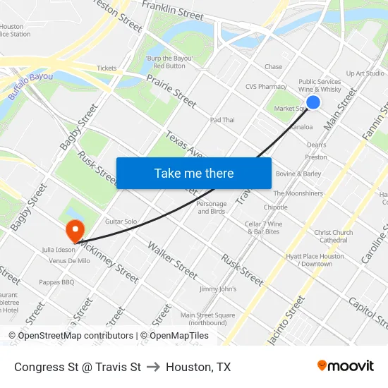 Congress St @ Travis St to Houston, TX map