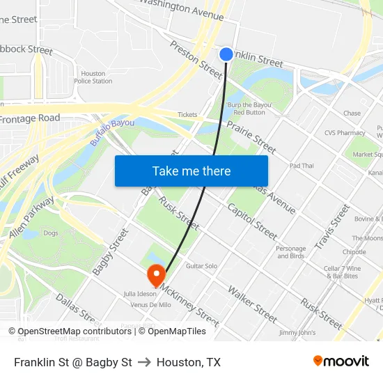 Franklin St @ Bagby St to Houston, TX map