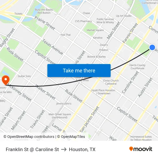 Franklin St @ Caroline St to Houston, TX map