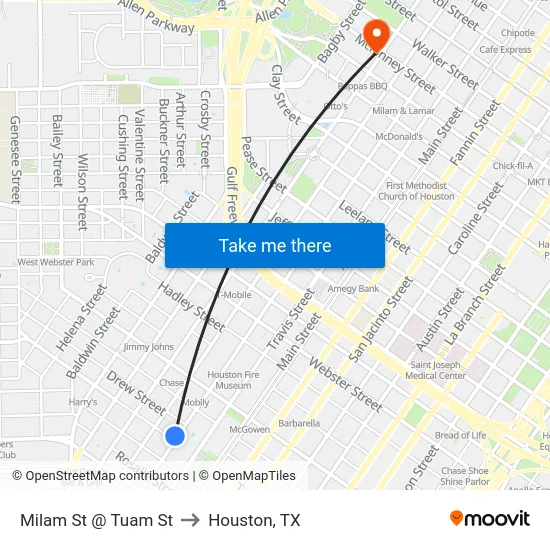 Milam St @ Tuam St to Houston, TX map