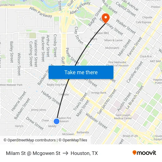 Milam St @ Mcgowen St to Houston, TX map