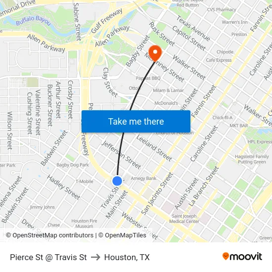 Pierce St @ Travis St to Houston, TX map