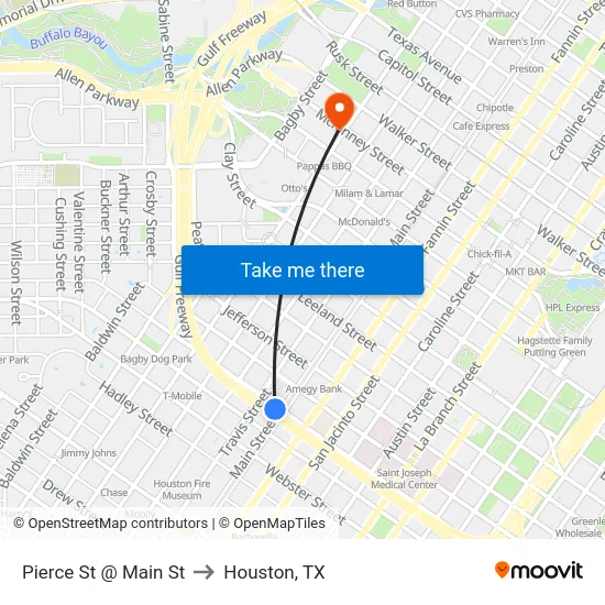 Pierce St @ Main St to Houston, TX map