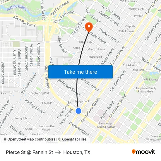 Pierce St @ Fannin St to Houston, TX map