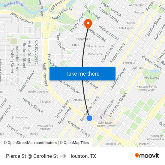 Pierce St @ Caroline St to Houston, TX map