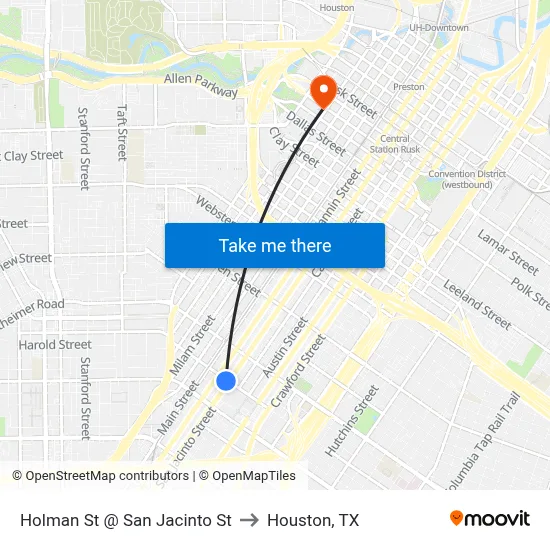 Holman St @ San Jacinto St to Houston, TX map