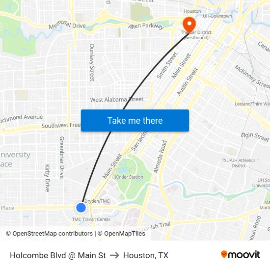 Holcombe Blvd @ Main St to Houston, TX map