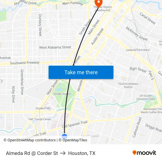 Almeda Rd @ Corder St to Houston, TX map