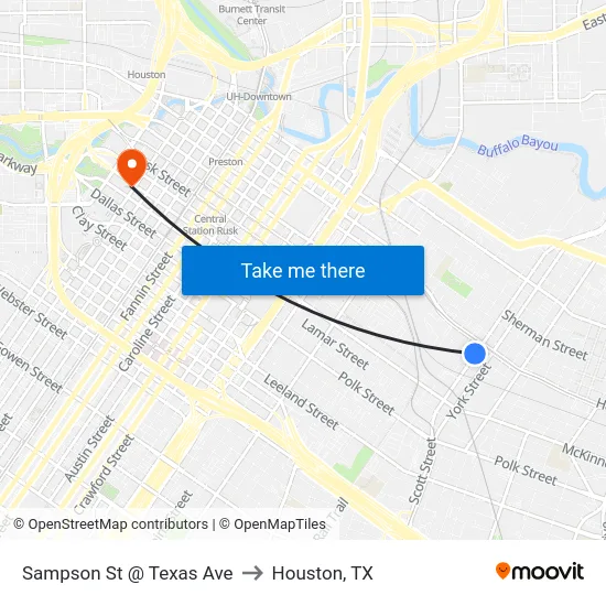 Sampson St @ Texas Ave to Houston, TX map