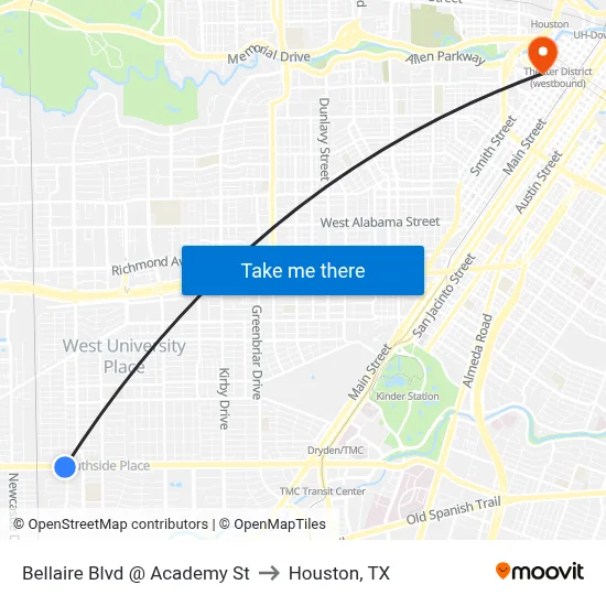 Bellaire Blvd @ Academy St to Houston, TX map