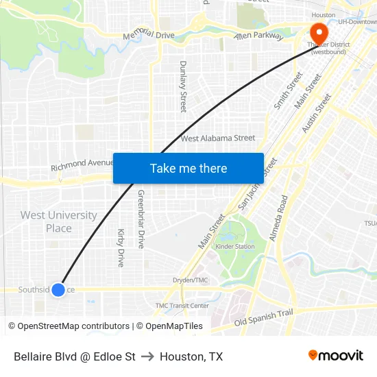 Bellaire Blvd @ Edloe St to Houston, TX map
