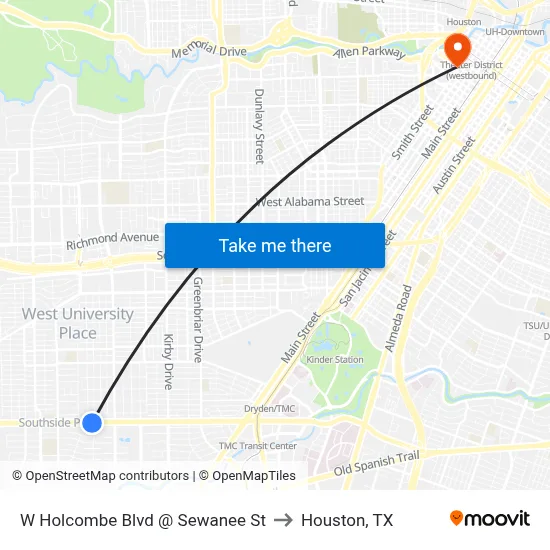 W Holcombe Blvd @ Sewanee St to Houston, TX map