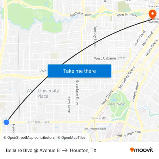 Bellaire Blvd @ Avenue B to Houston, TX map