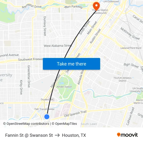 Fannin St @ Swanson St to Houston, TX map