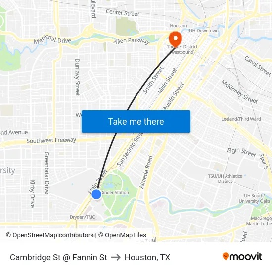 Cambridge St @ Fannin St to Houston, TX map
