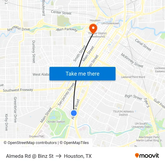 Almeda Rd @ Binz St to Houston, TX map