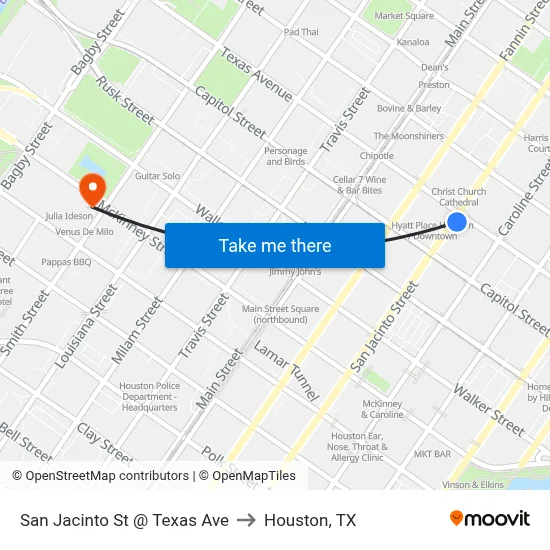 San Jacinto St @ Texas Ave to Houston, TX map